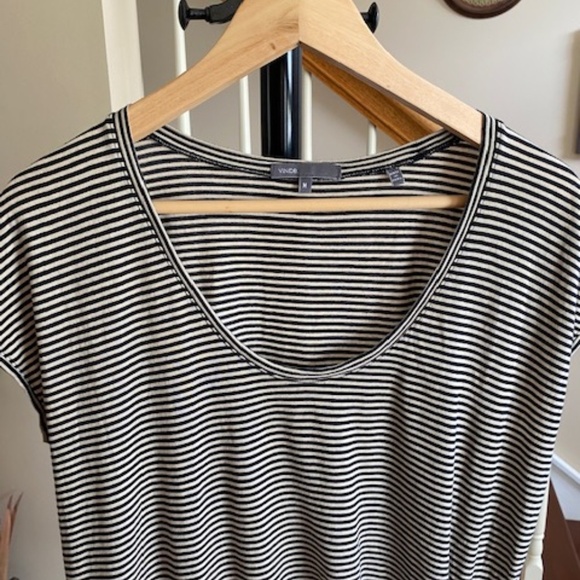 VINCE Pima Cotton Cap Sleeve Ruched Tee Black and Tan Stripes Size M - Picture 4 of 10